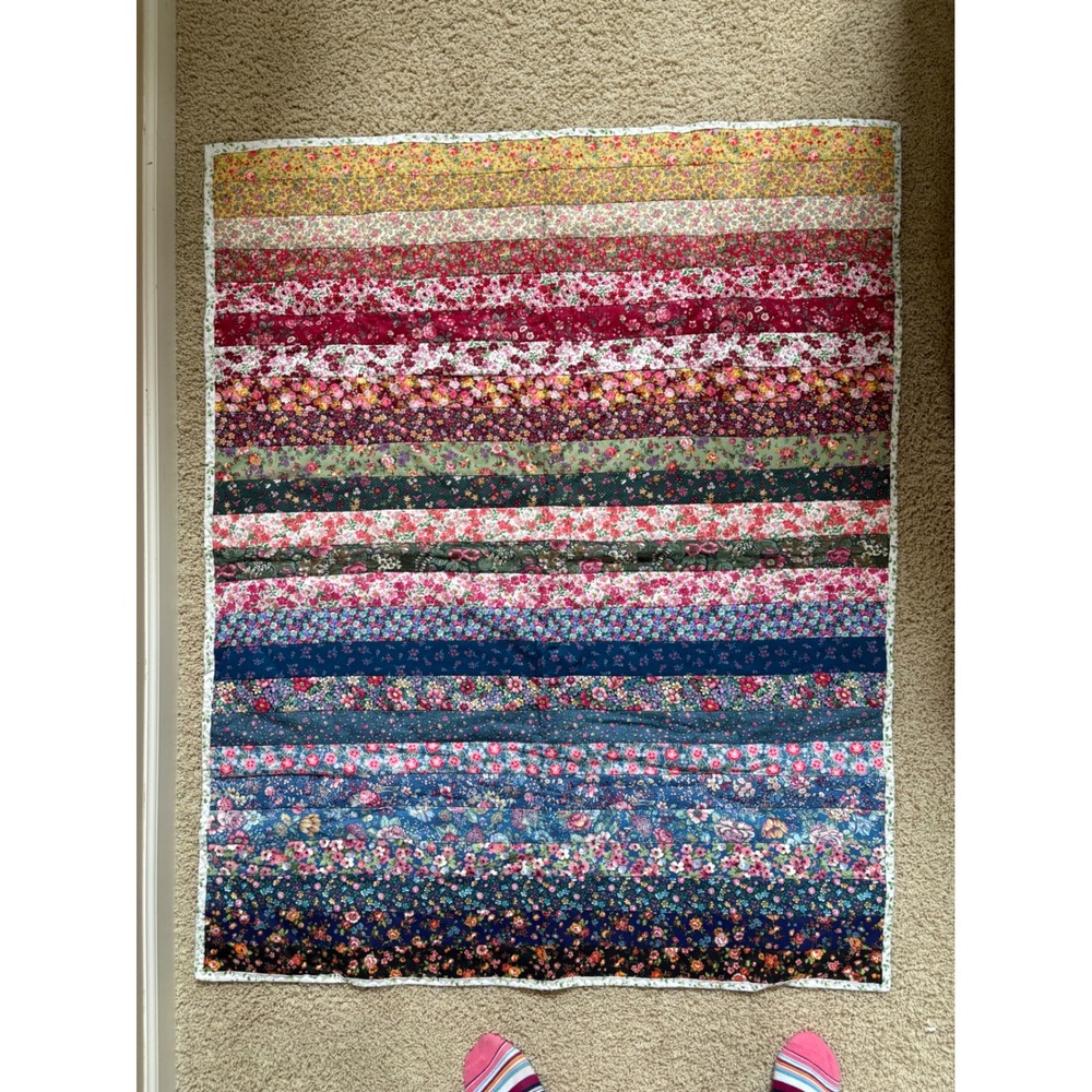 Handmade Floral Patchwork Strip Quilt Multicolor Cottagecore Throw 39x47
